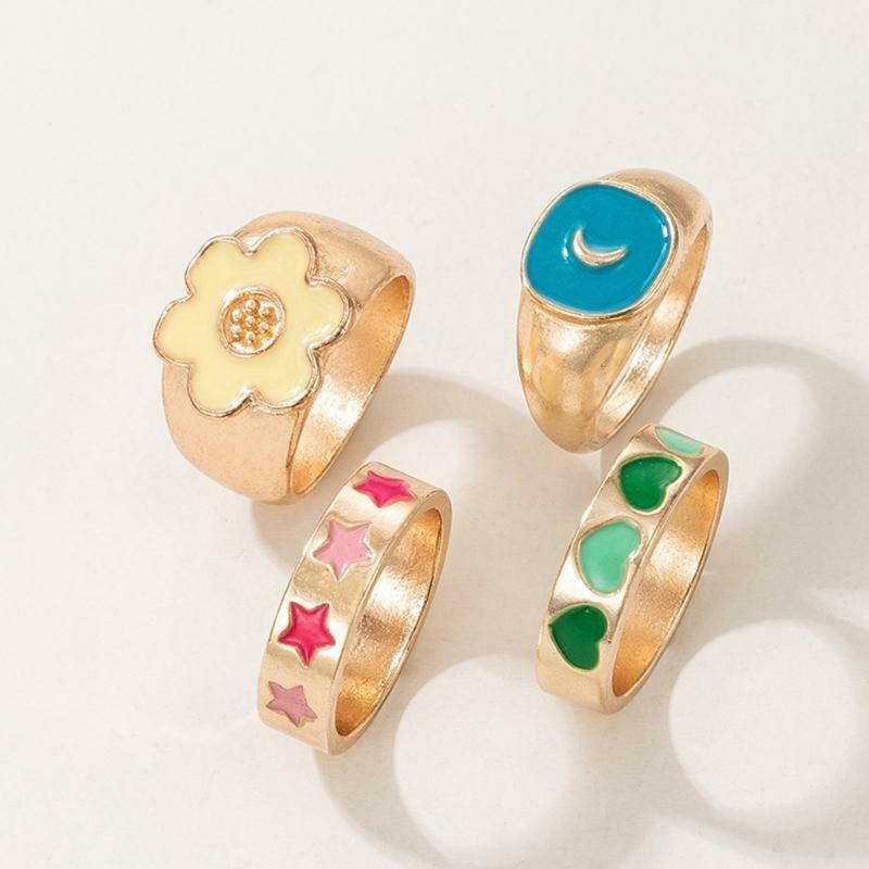 4 PCS Colorful Heart Ring Star Moon Alloy Rings Set for Women Girl Couple