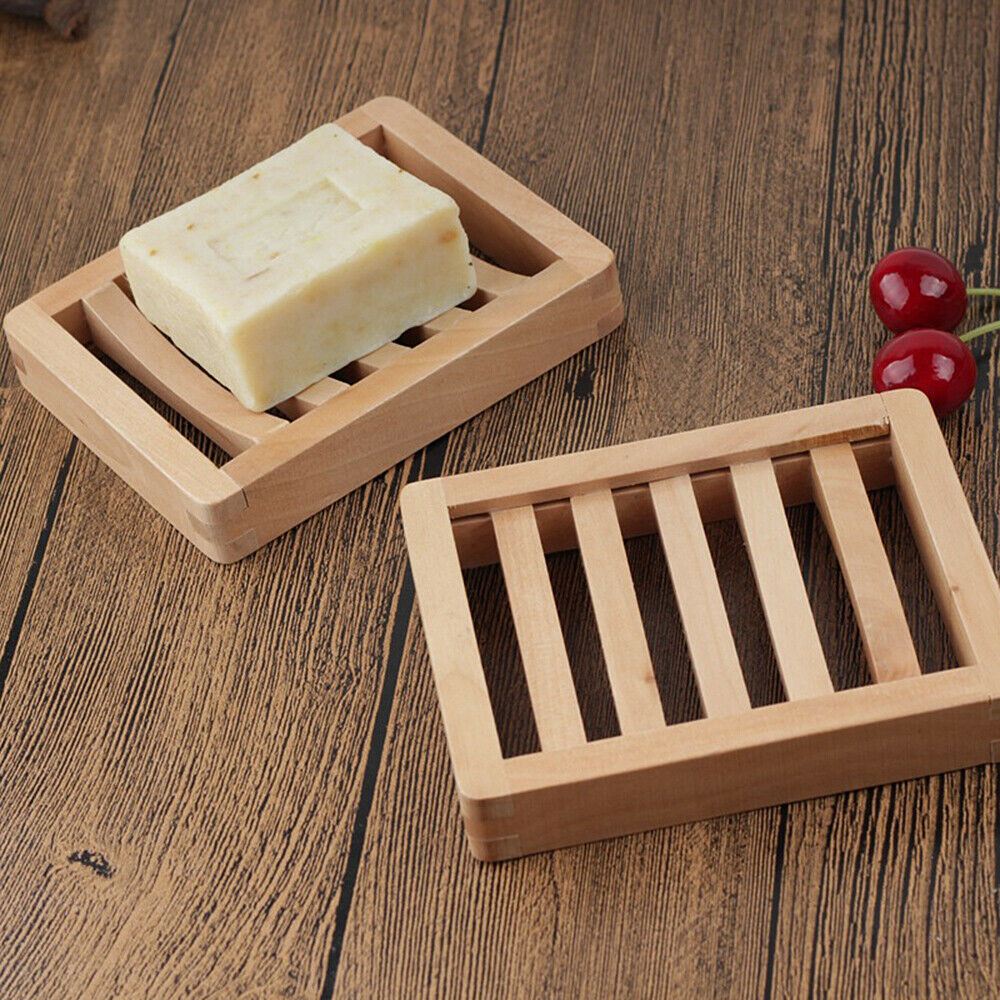 Bamboo Wooden Soap Dish Storage Tray Holder Plate Water Drain Shower Bathroom