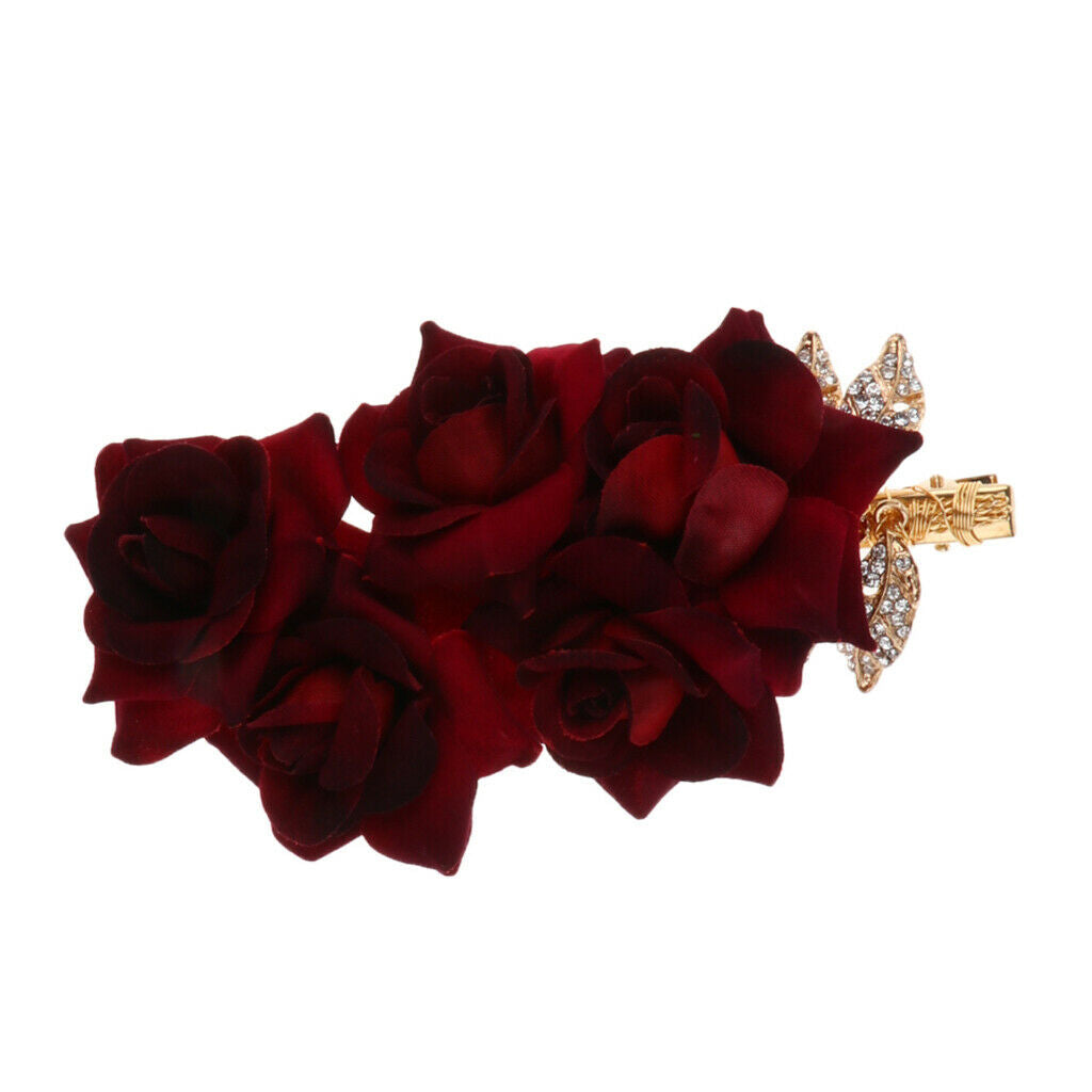 15x7cm Red Cloth Rose Wedding Hair Pins for Brides with Bling Rhinestones