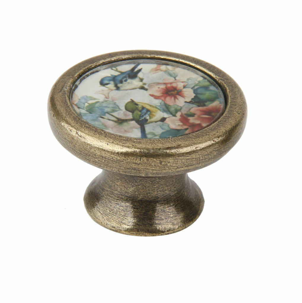 10 Pieces Round Retro Cabinet Door Drawer Handle Pull Knob Bird And Flowers