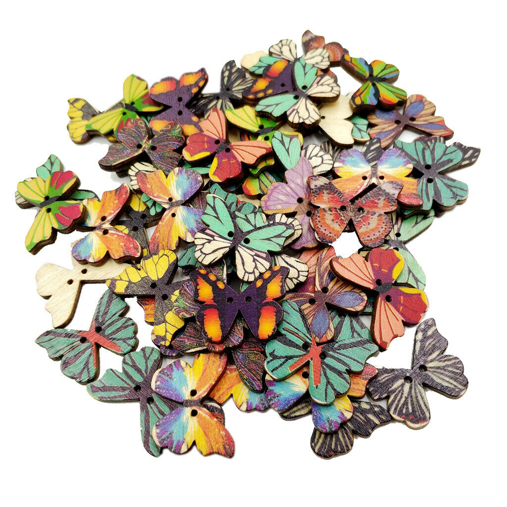 50pcs Mixed Butterfly Wood Buttons Clothing Decor Crafts Sewing Scrapbooking