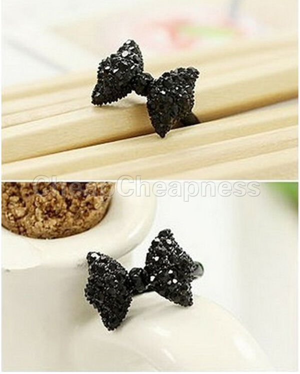 2X Black Rhinestone Crystal Bowknot Tie Ring Adjustable Bow Women Jewelry.l8