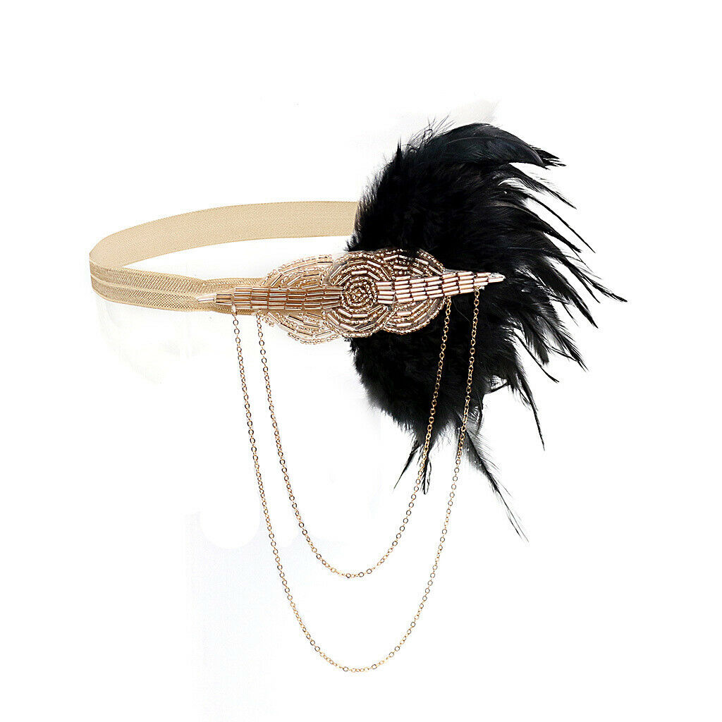 Feather Tassel Beads Flapper Headband 1920s Charleston Headpiece Champagne 2
