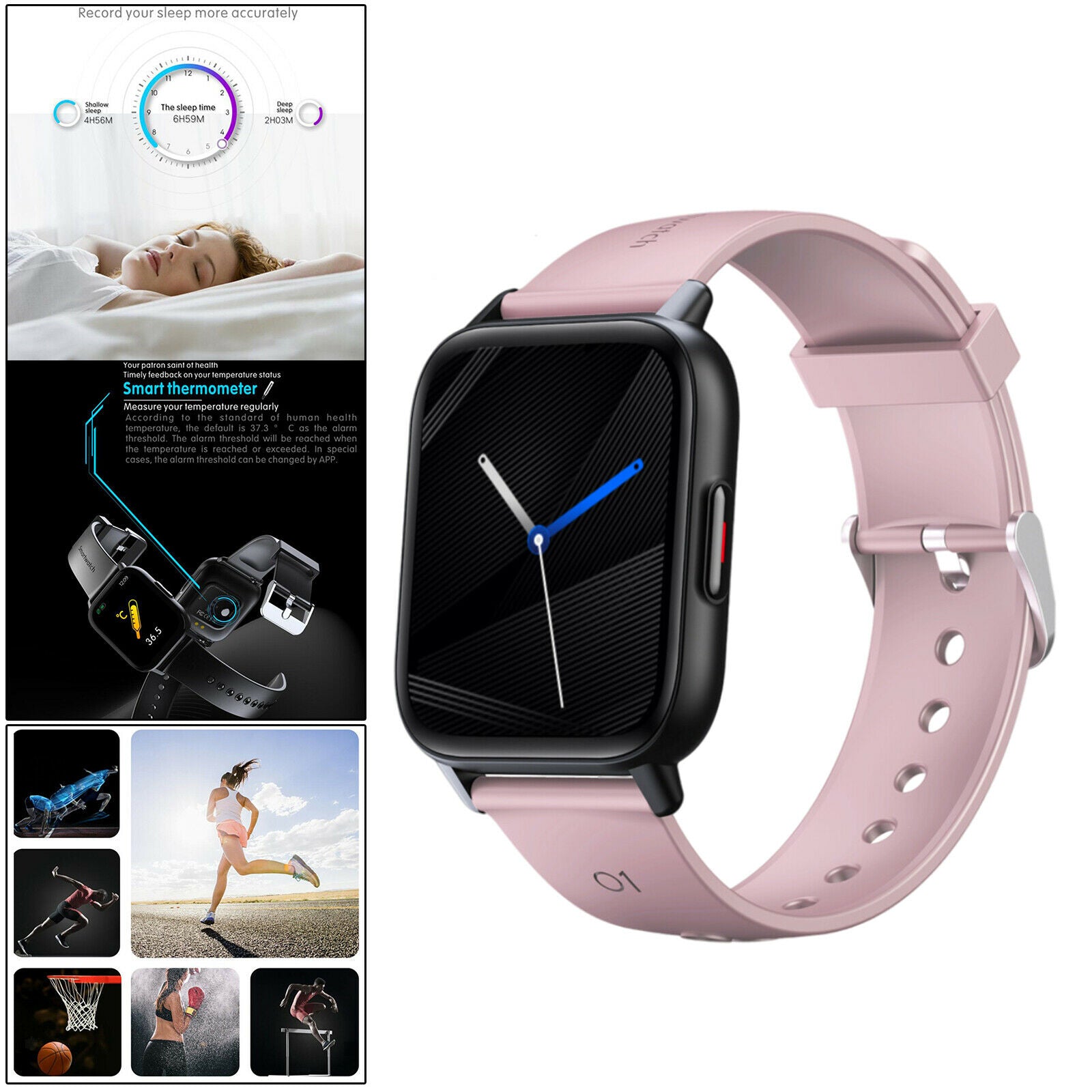 Sports Smart Watch Rectangle Smartwatch with IP67 for Women Men pink