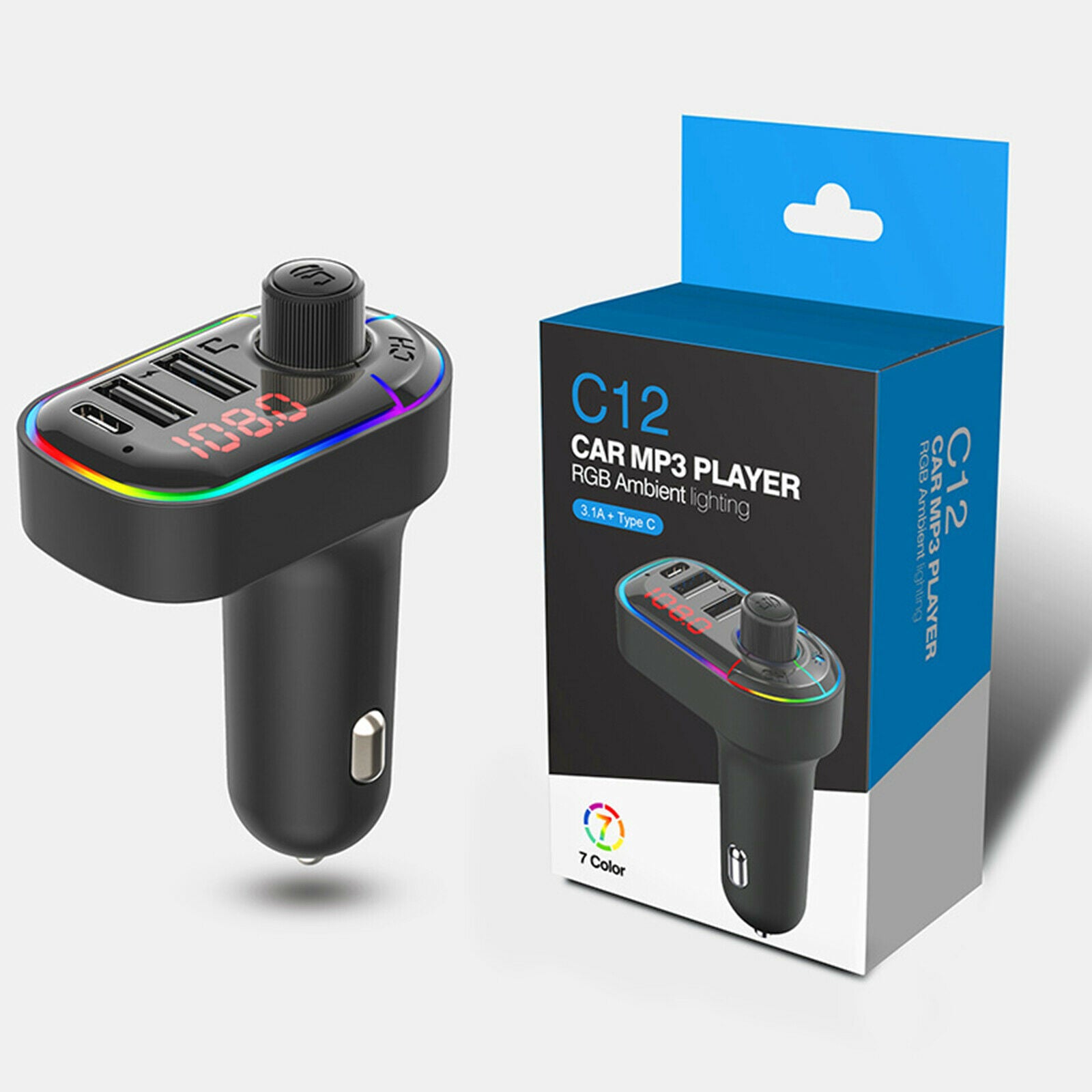Bluetooth Fast Car Charger FM Transmitter 7 Color LED Light Dual USB Port