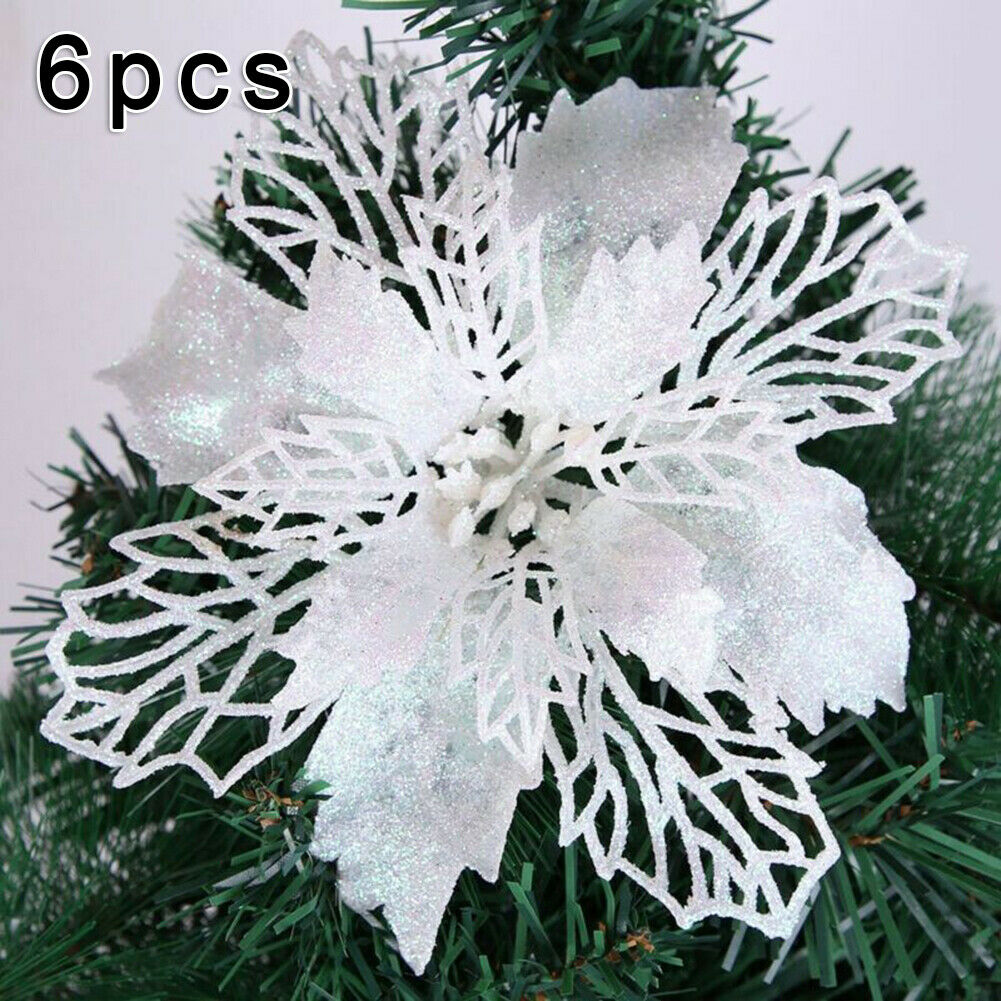 6Pcs Artificial Glitter Christmas Flowers Christmas Tree Ornaments Floral Decor