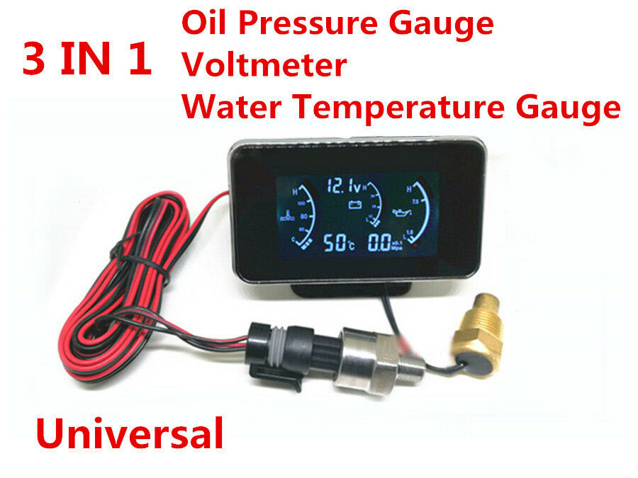 9-36V Car 3IN1 LCD Digital Display Voltmeter Gauge Water Temp Oil Pressure Meter