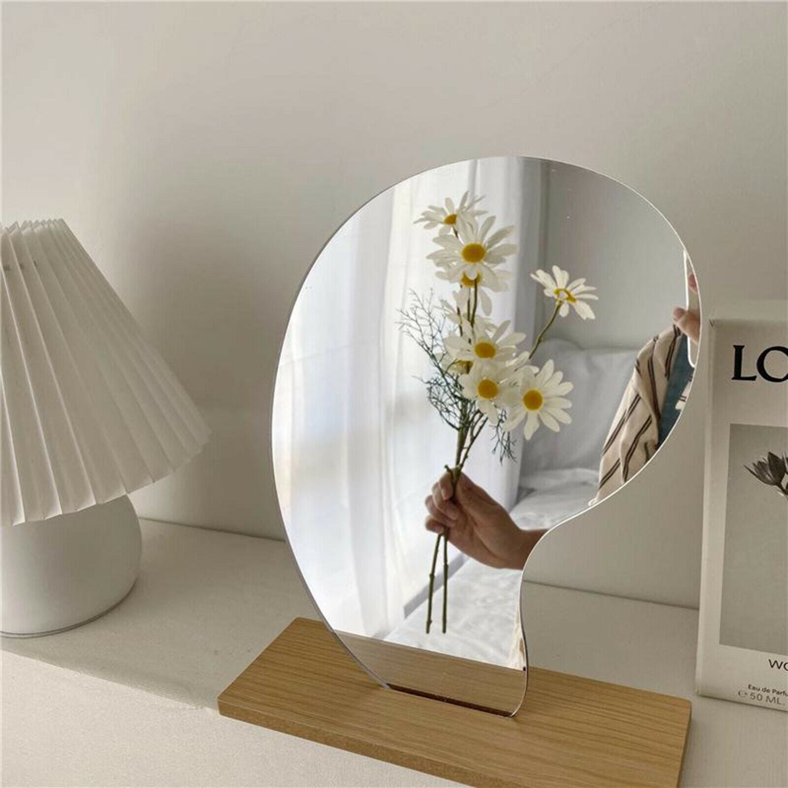 Acrylic Mirrors Irregular Cosmetic Makeup Mirror Wooden Base Decor 24x19cm
