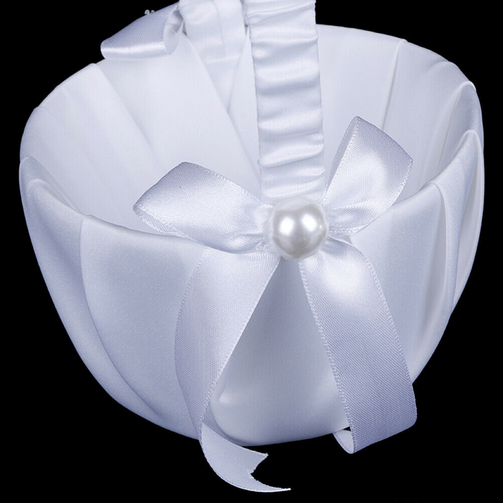 White Satin Beaded Wedding Flower Girl Basket Bowknot Decor NTJ ueJCA.DD