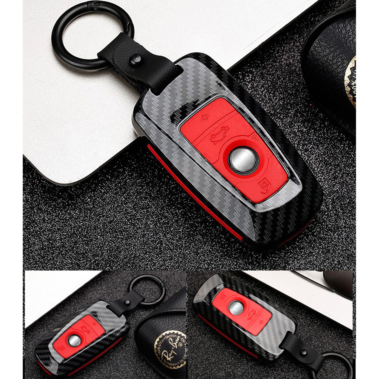 For BMW 1/2/3/4/5/6/7 Series Car Carbon Fiber Red Remote Key Case Cover Shell