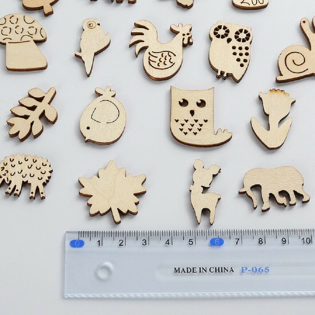 50 Pack Natural Wooden Embellishment Mixed Animals Wood Shapes Craft Pieces for