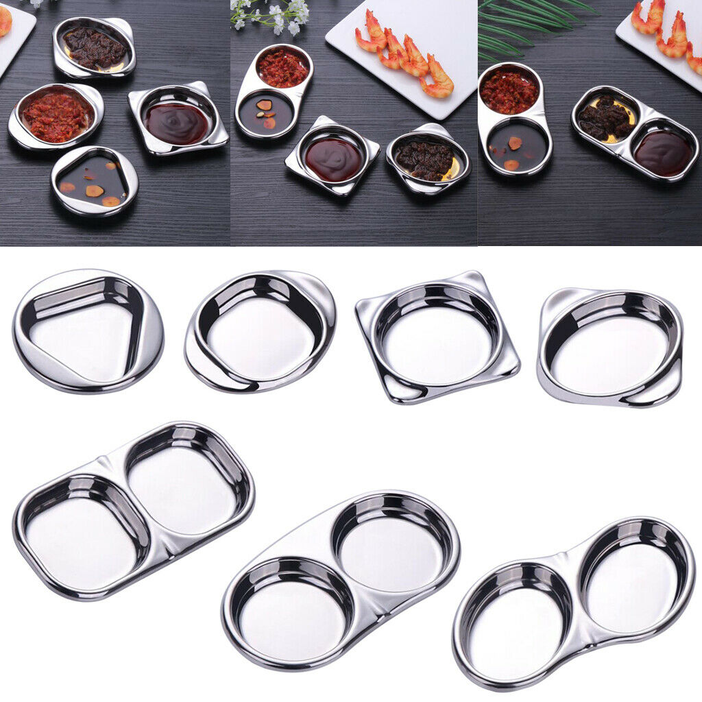 Stainless Steel Seasoning Dish Sauce Sugar Spice Dipping Bowl Double Square