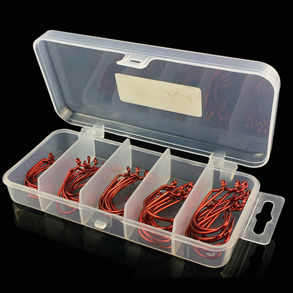 51 Pcs/Set Red Worm High Carbon Steel Fishing Hook For Texas Rig Soft Bait BDAU