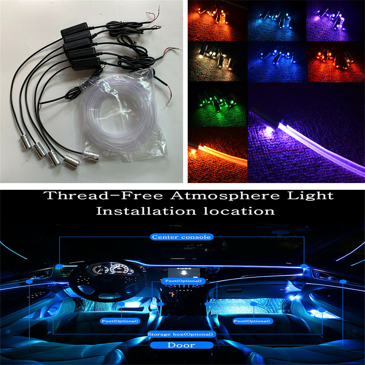 1 Set 64Colors Wireless Car LED Modified Fiber Optic Ambient Light APP Control