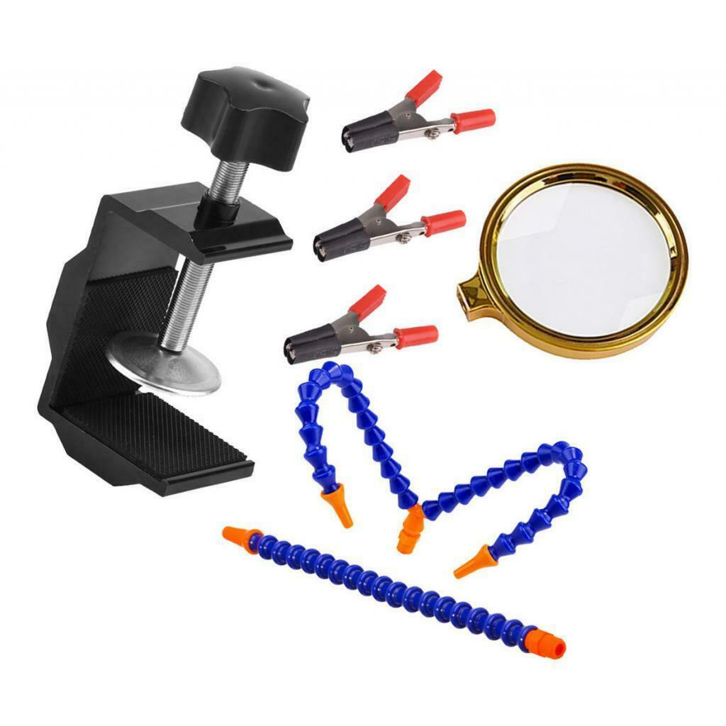 3 Arms Soldering Stations Desk Clamp Set w/ Alloy Base w/ Magnifying Lens