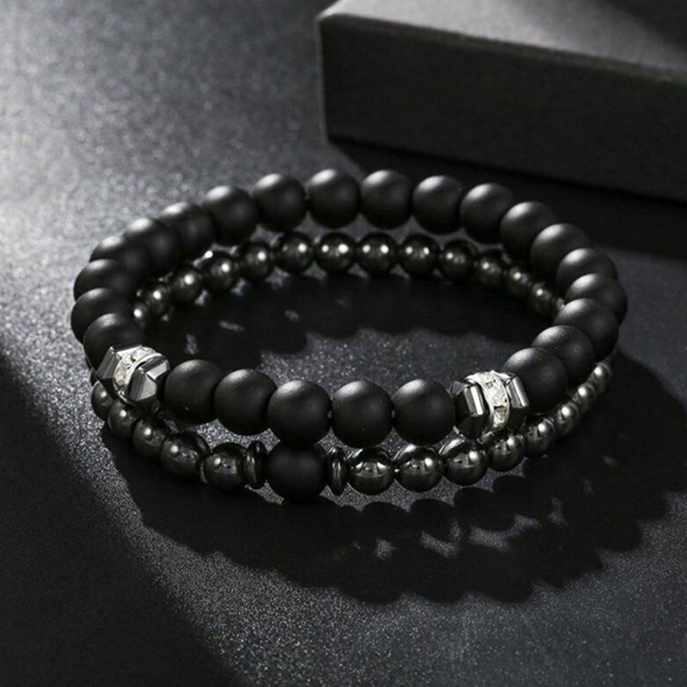 2Pcs Natural Stone Cooper Beads Bracelet Mens Matte Lava Volcanic Couple Jewelry