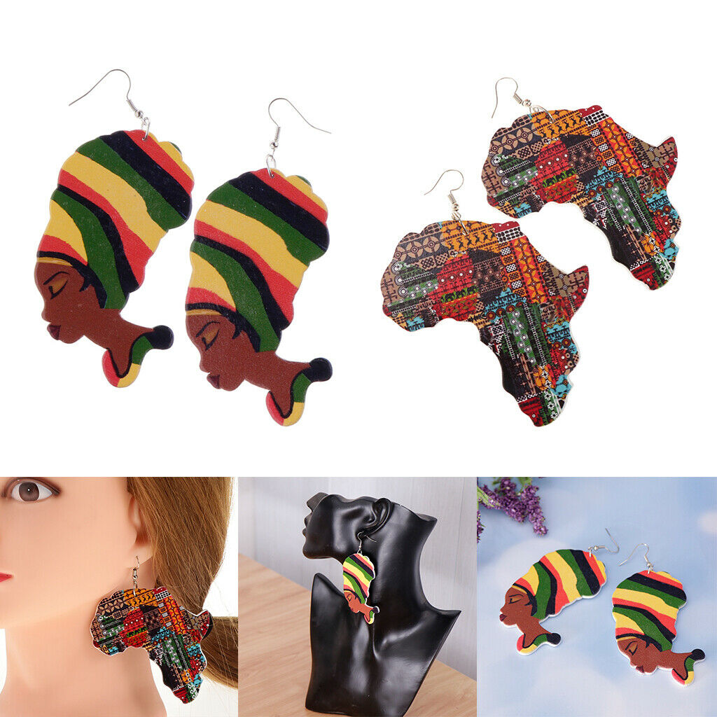 2Pairs Ethnic Natural wooden African Map Club Lady Women Dangle Earrings
