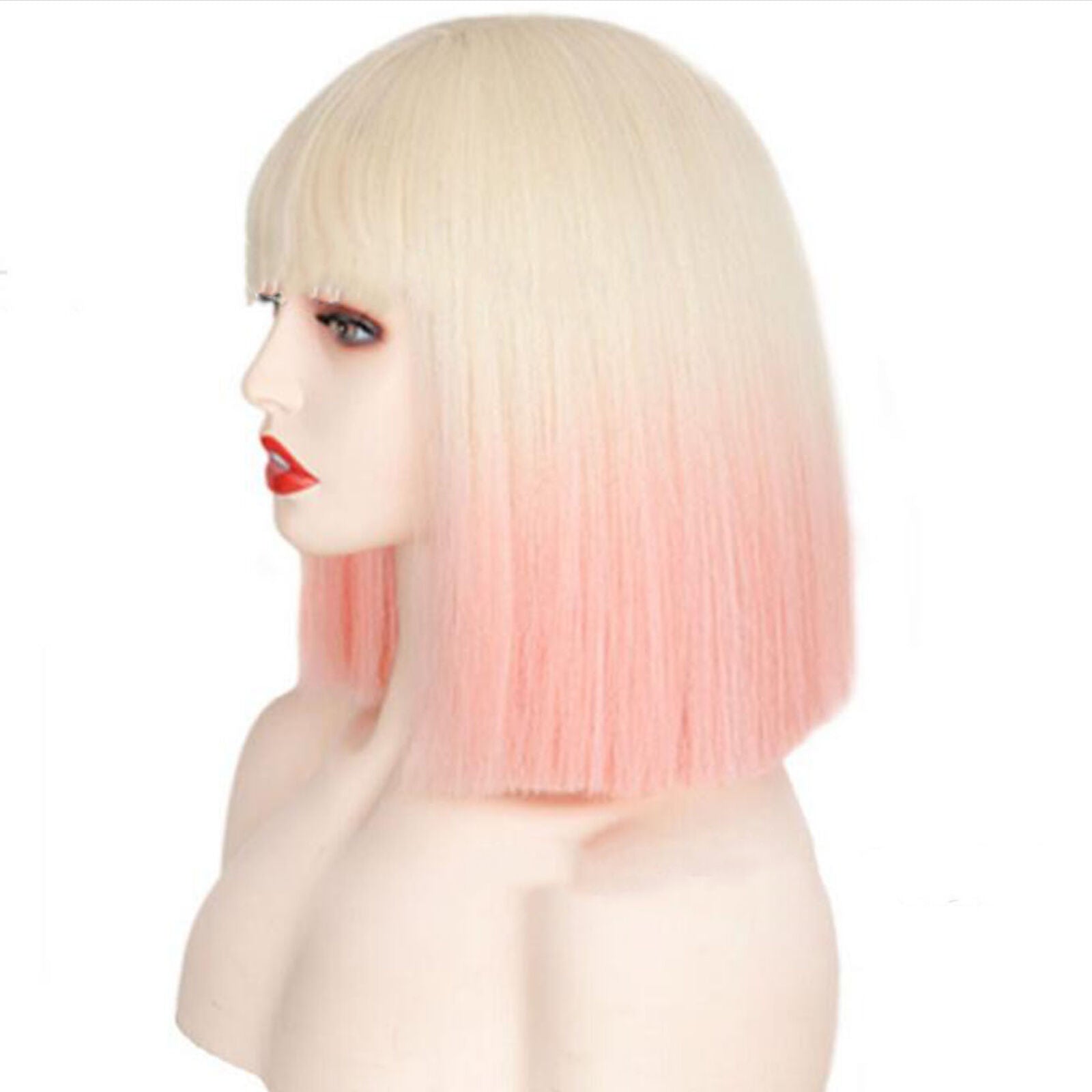 Fashion Short Straight Bob Wig Ombre White Blonde Pink with Bangs Synthetic Hair