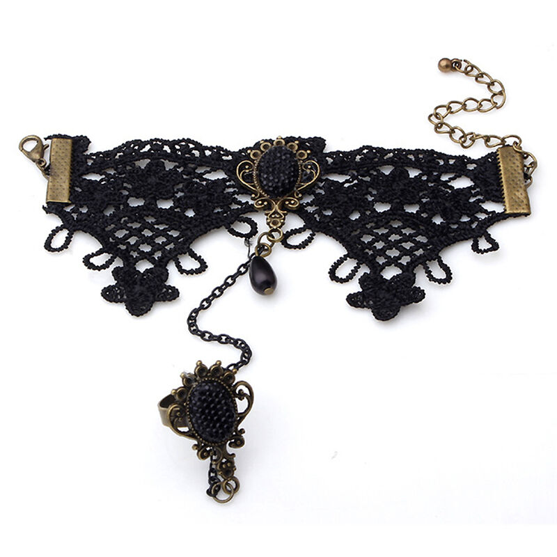 Lady Sexy Black Lace Gothic Ring Wrist Bracelet Bangle Handlace Wrist CollaHFDD