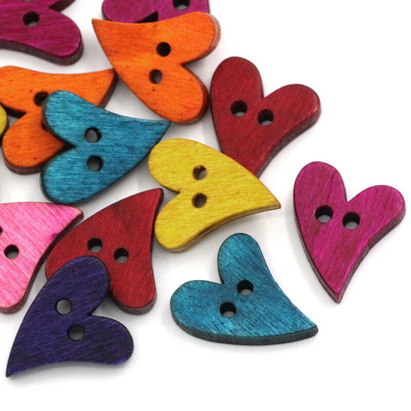 50PCs Wood Sewing Buttons Heart Love 2 Holes Mixed Scrapbook  7/8"x 5/8  21mm