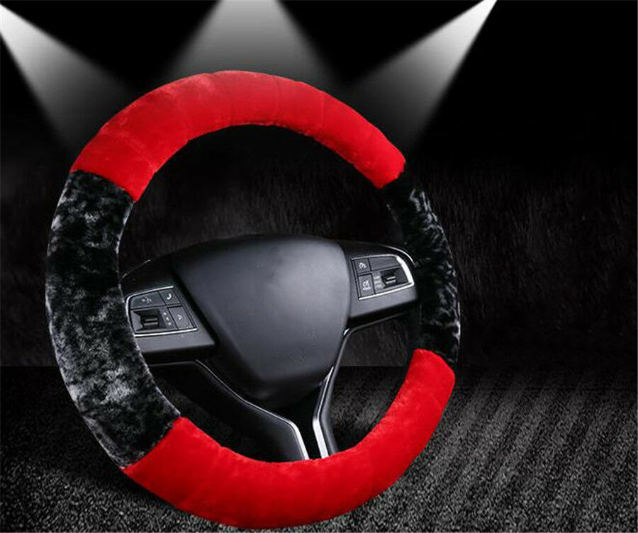 1pc 37-38cm Universal Black+Red Plush Furry Car Steering Wheel Cover Winter Warm