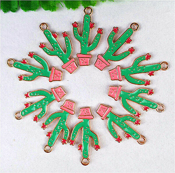 50Pcs 29x15x2mm Alloy Dripping Oil Enamel Pink Green Cactus Pendant Bead HH831