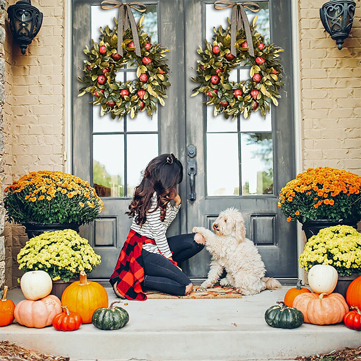 Fall Pomegranate Wreath Green Plants Indoor Outdoor Home Window Wall Decoration