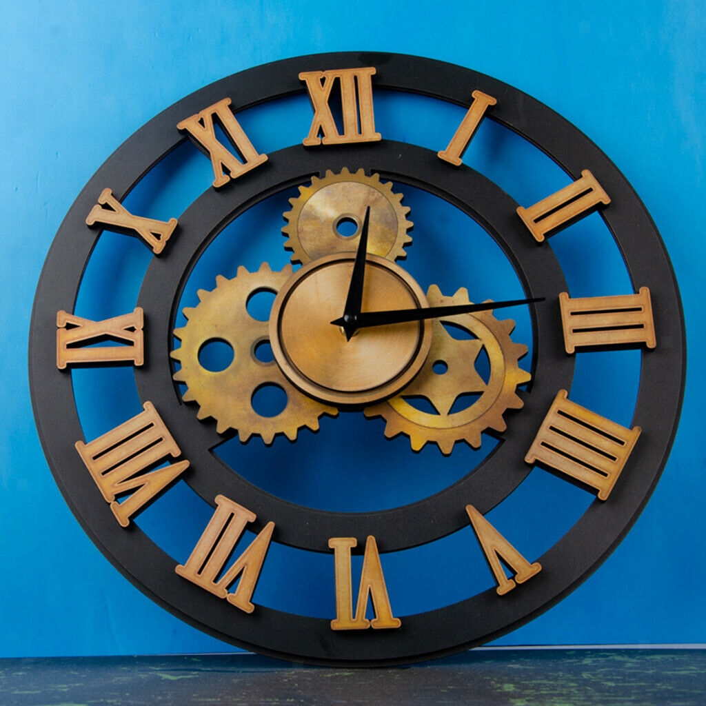 15 inch Large Gear Wall Clock Industrial Roman Numerals Silent Quartz Clock