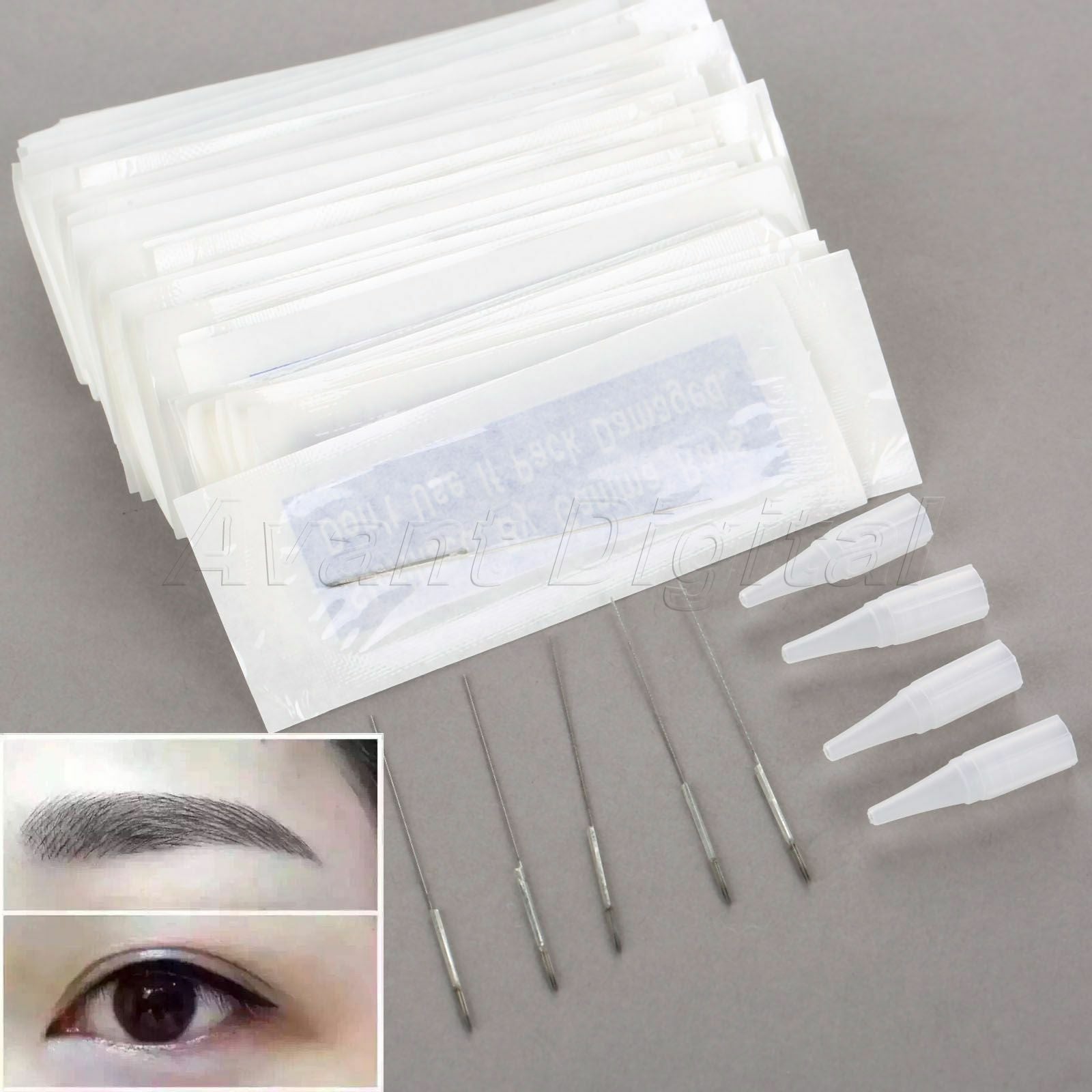 Professional 50pcs 5R Eyebrow Tattoo Needles w/ 50pcs Mouth 5R Tattoo Needle Tip