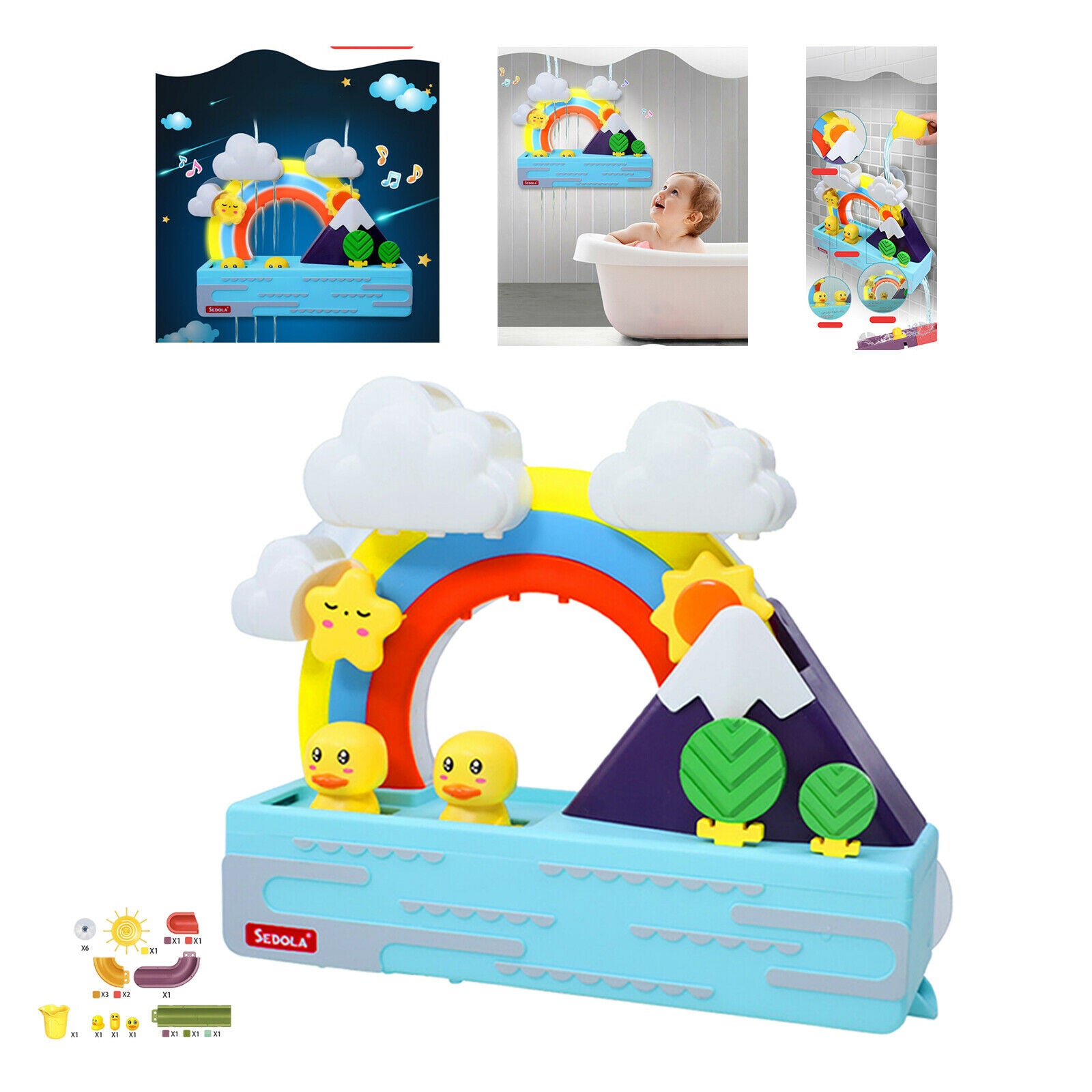 Kids Shining Rainbow Float Duck Toys with Tracks Water Spin Waterfall Games
