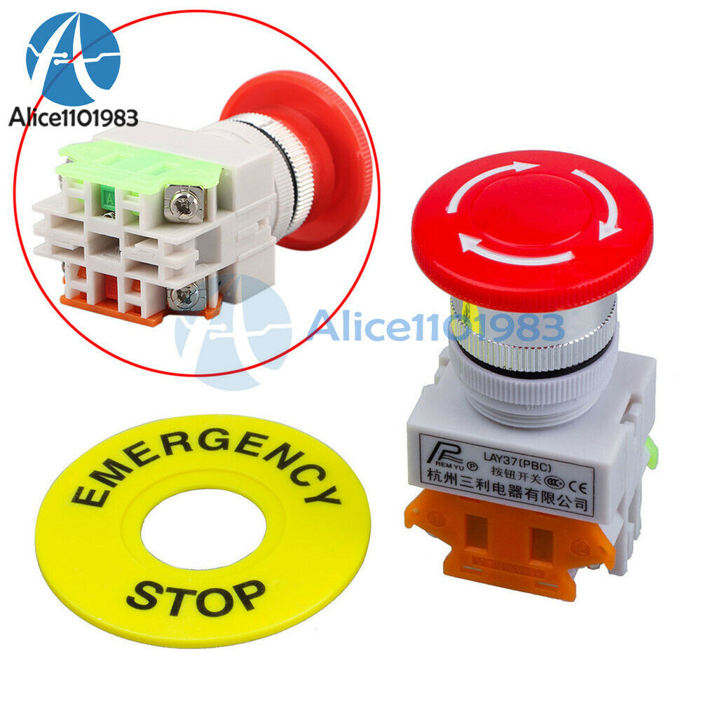5PCS AC 660V 10A Mushroom Cap 1NO 1NC DPST Emergency Stop Red Push Button Switch