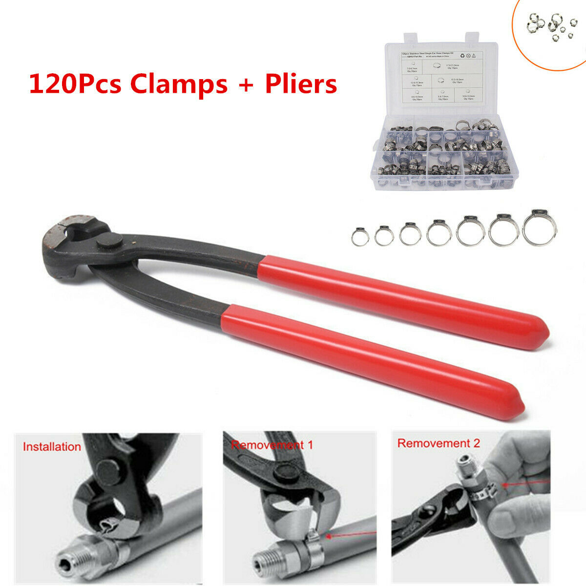 Stainless Steel Single Ear Hose Clamps O-Clips Fuel Air Pipe Clamps with Pliers