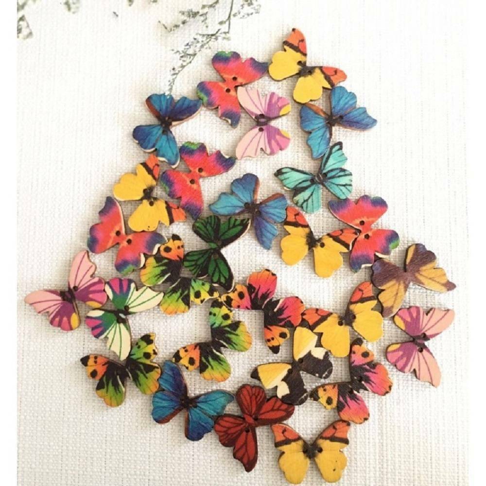 100 Pcs Butterfly Wooden Button Sewing DIY Scrapbooking Flatback 2 Holes Buttons
