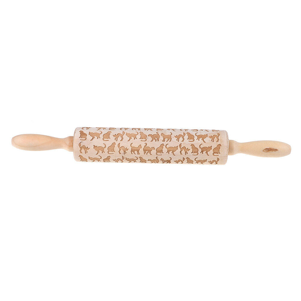 Cat Pattern Wooden Engraved Rolling Pin Cut Cookie Cake Pizza Baking Tool tdJ SJ