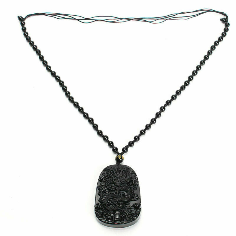Lucky Dragon Blessing Pendant Beads Black Obsidian Hand Carved Necklace Natural