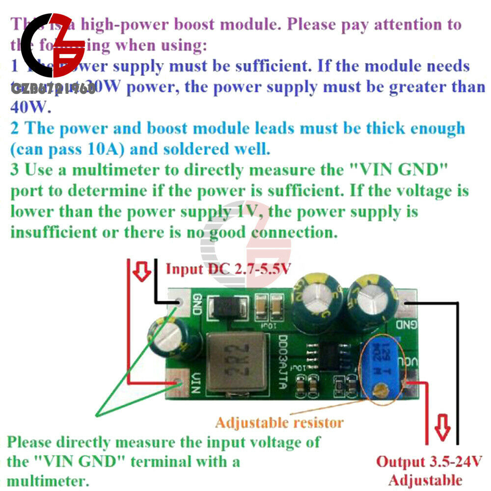 6A DC 2.7-5.5V to 3.5-24V DC-DC Adjustable Boost Converter Step-Up Module 30W