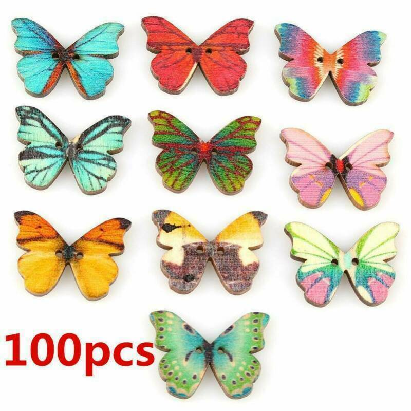 DIY 100pcs 2 Holes Mixed Butterfly Shape Wooden Sewing Mend Scrapbooking Buttons