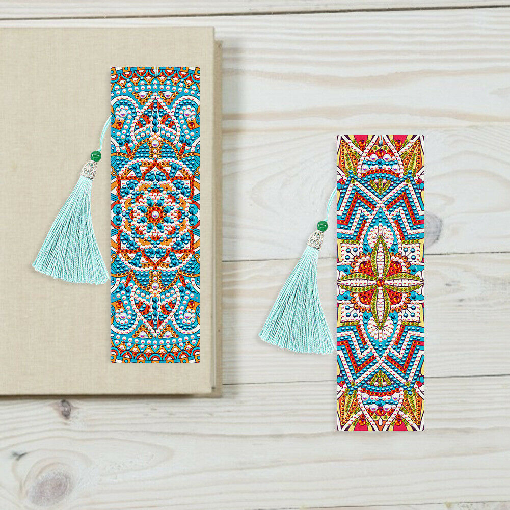 2pcs 5D DIY Special Shape Diamond Painting Leather Tassel Mandala Bookmarks @