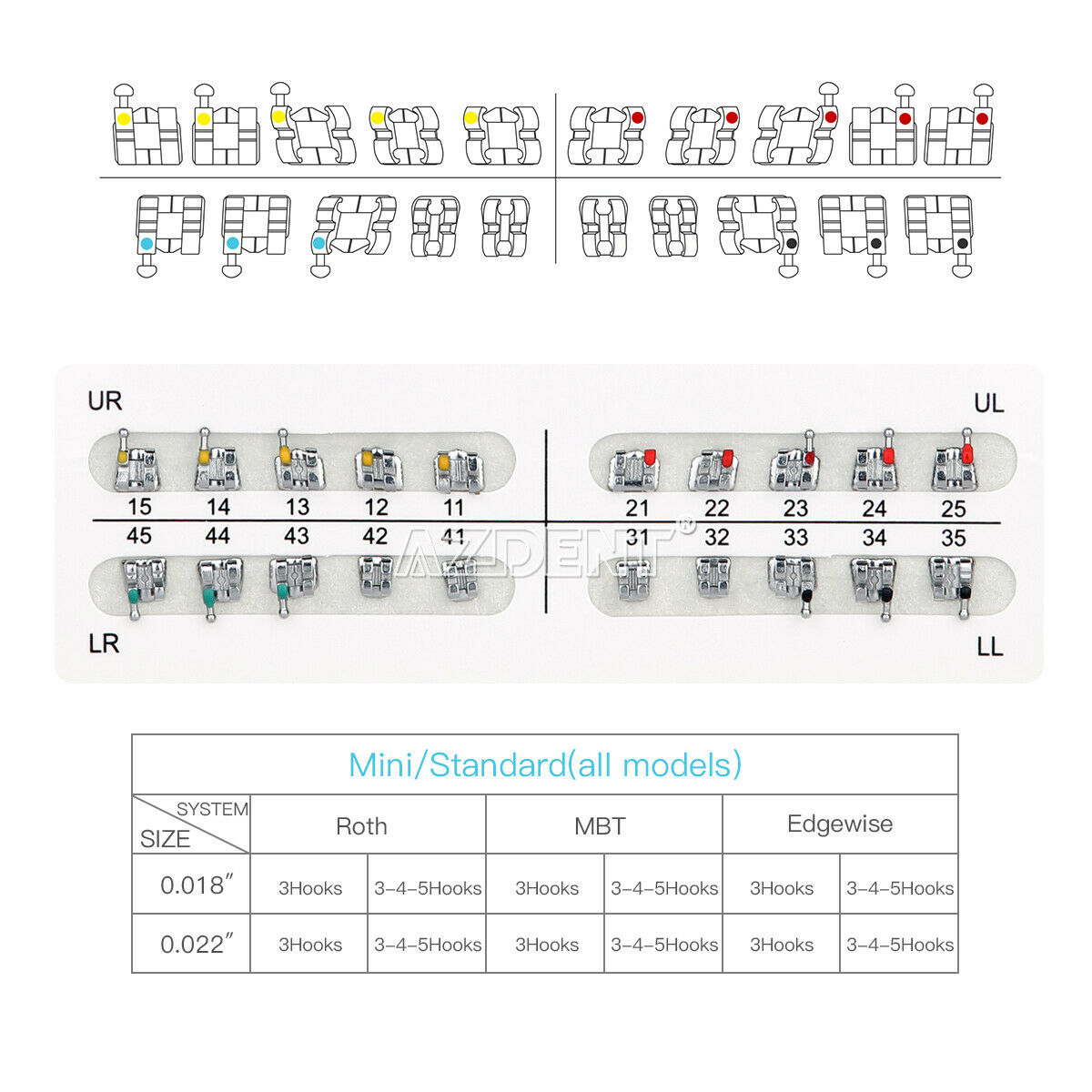 1000pcs X Dental Bracket Orthodontic Braces Mini MBT 022 Hook 3 4 5 Metal AZDENT