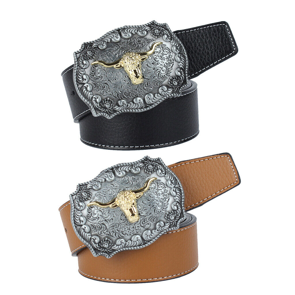 2x Square Longhorn Steer Head Cowboy Leather Belt Jeans Belt 1.5" Wide