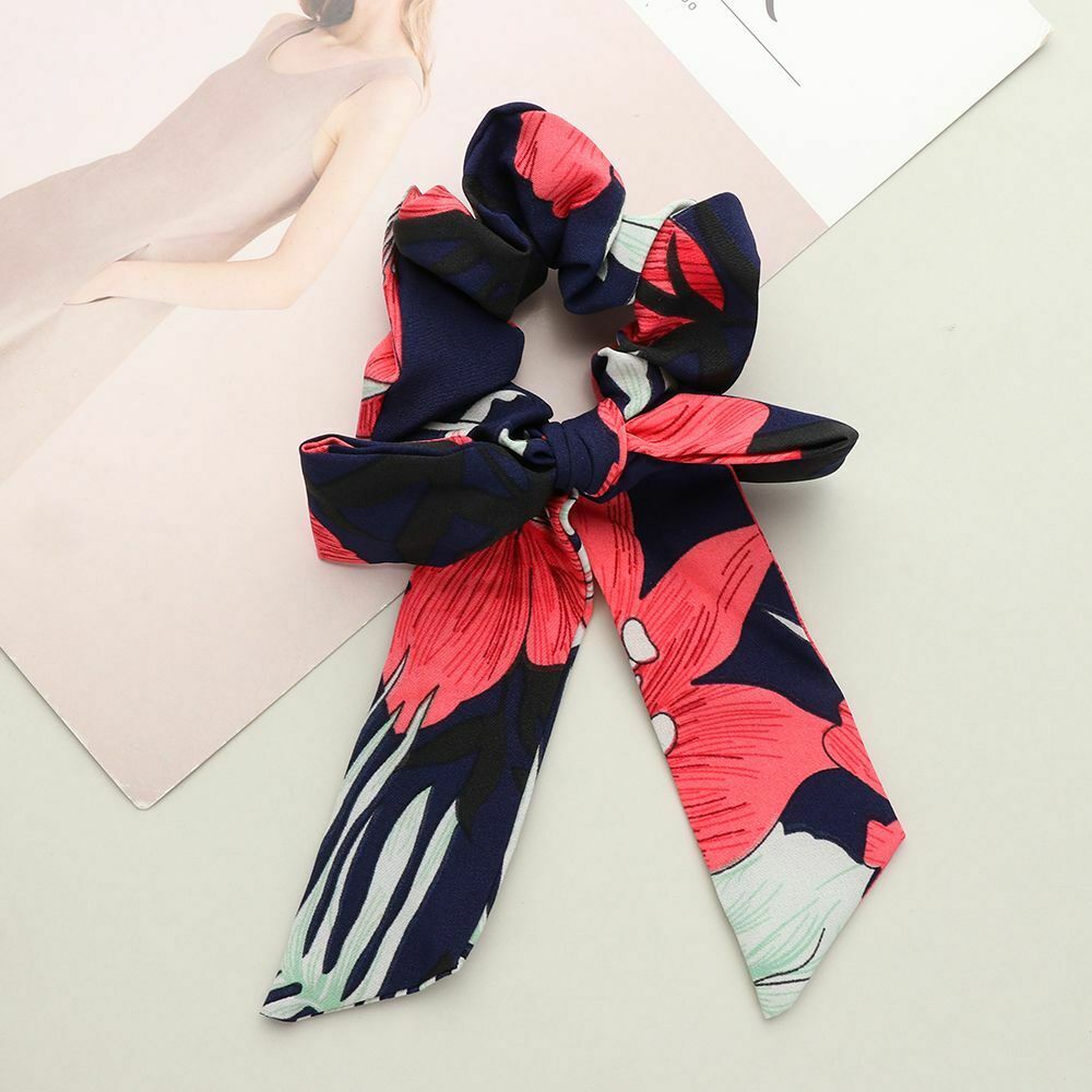 Flower Print Women Bow Scrunchies Hair Ribbon Hair Scarf Bowknot Hairbands
