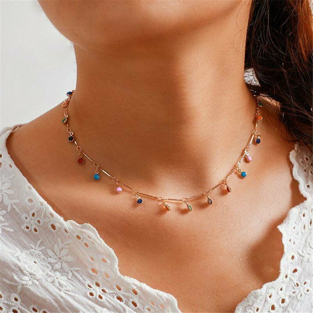Boho Candy Color Ball Pendant Choker Necklace Clavicle Chain For Women Jewelry~