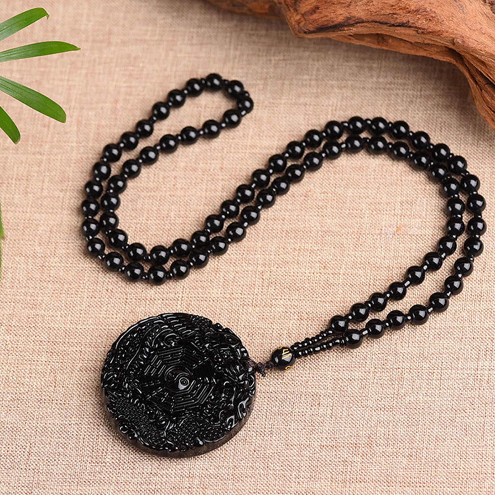 Natural Obsidian Hand Carved Chinese Taiji-Bagua Lucky Amulet Pendant Necklace