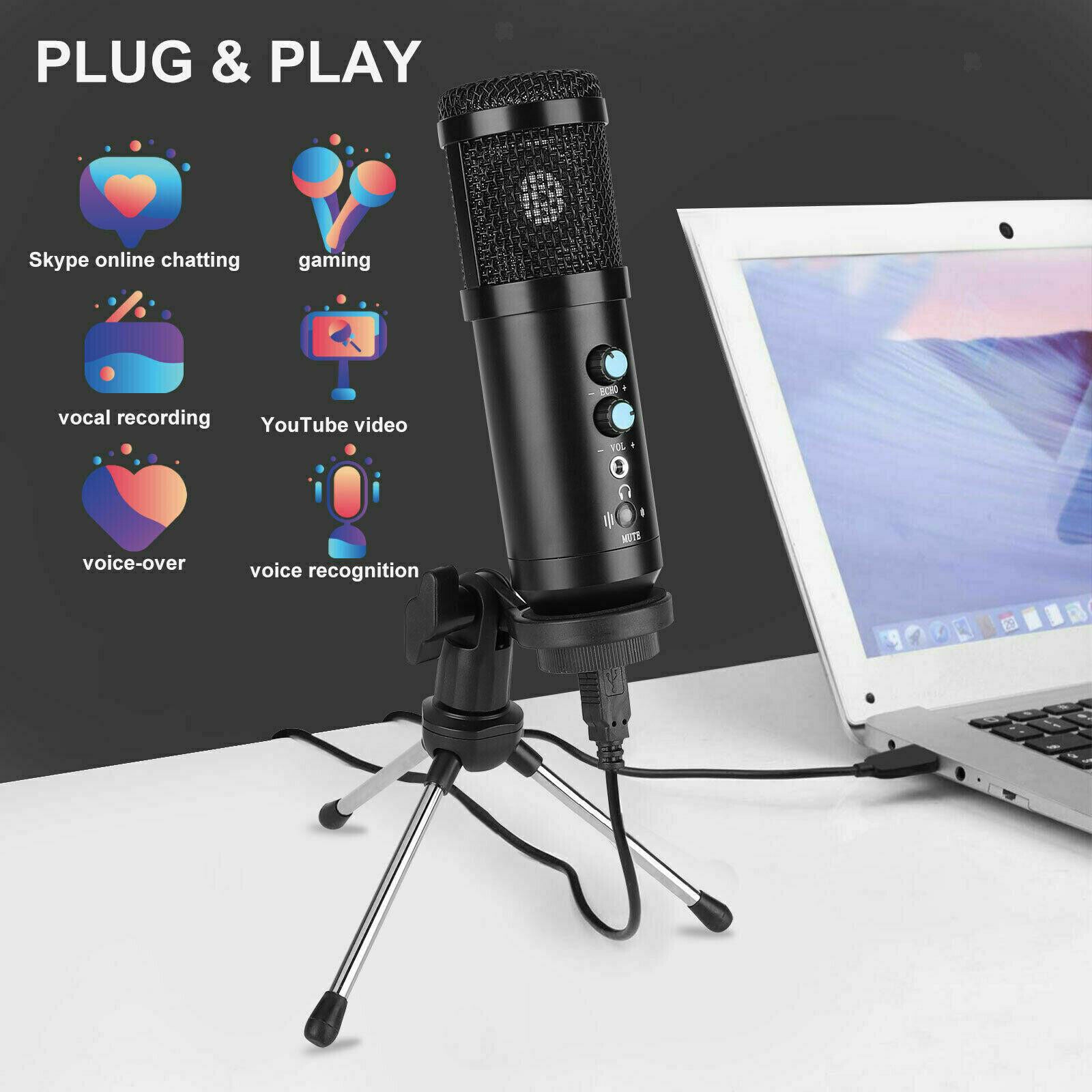 Computer Condenser Microphone Streaming Podcast Tripod Stand Cardioid Mic