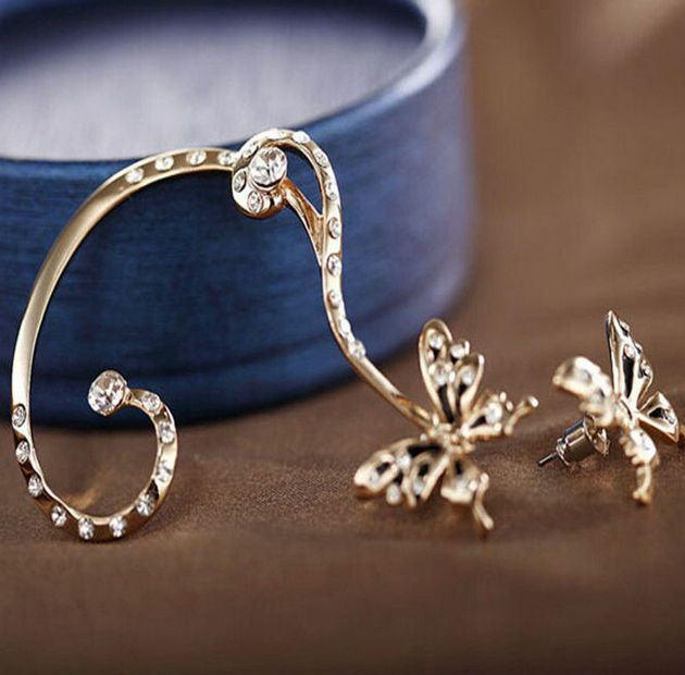 Fashion Women Butterfly Ear Cuff Clip Stud Crystal Rhinestone Earrings 1 pair hs
