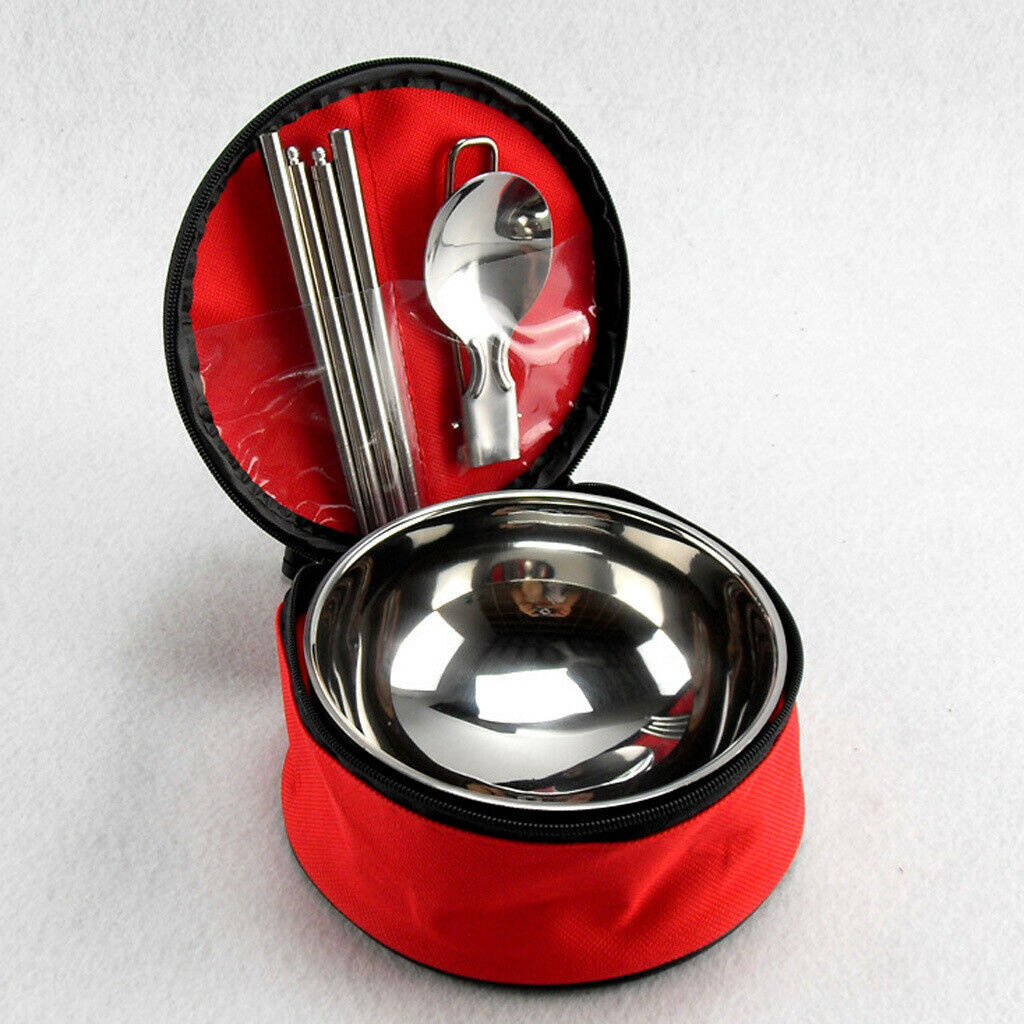 Outdoor Cutlery Set Stainless Steel Bowl Chopsticks Spoon Foldable Camping