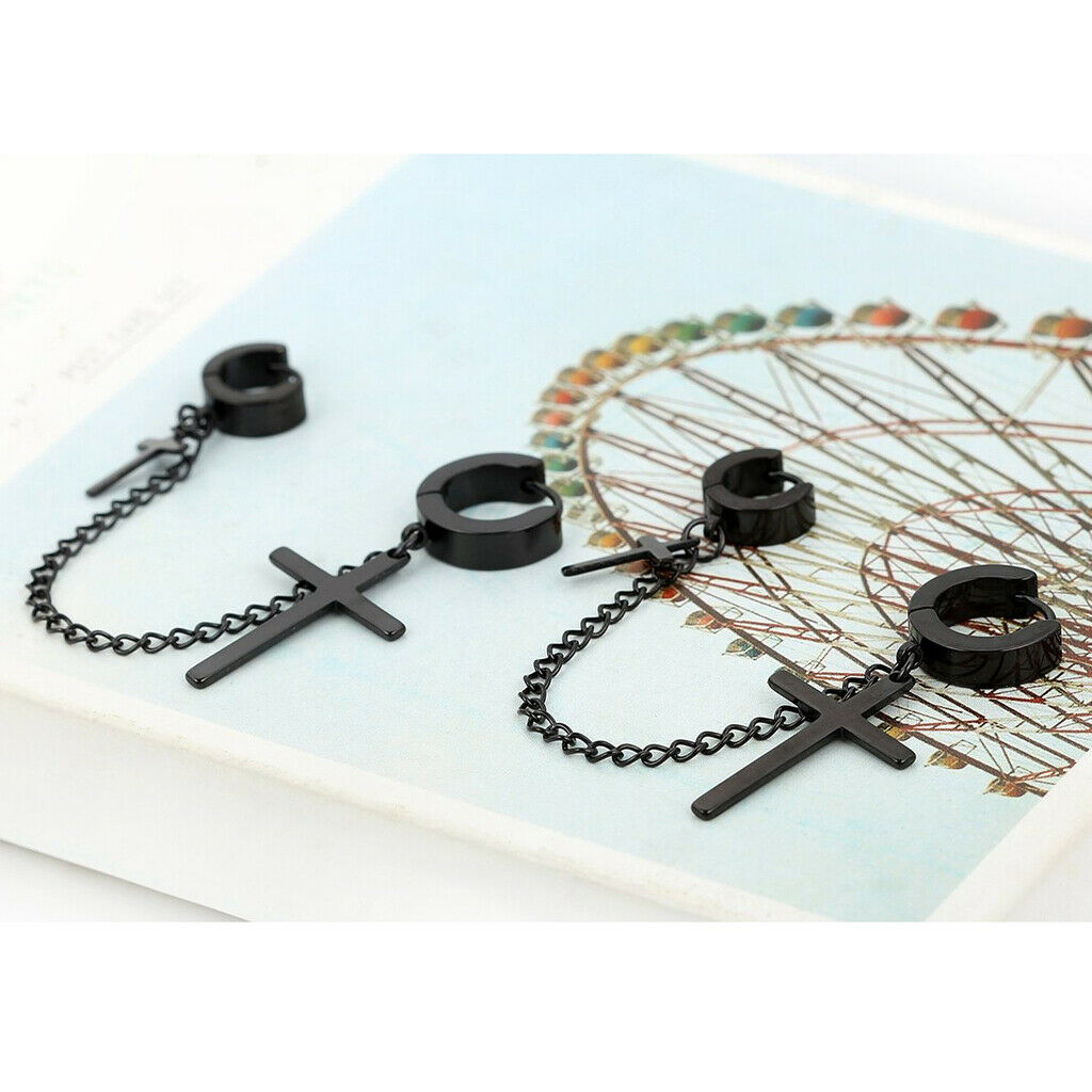 2pcs Stainless Steel Double Cross Dangle Chain Men's Hoop Earrings Black