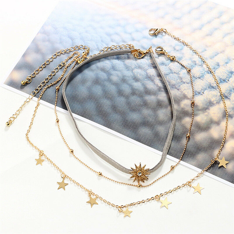 Lady Sun Star Pendant Choker Chunky Chain Multi Layer Boho Necklace Jewel.l8