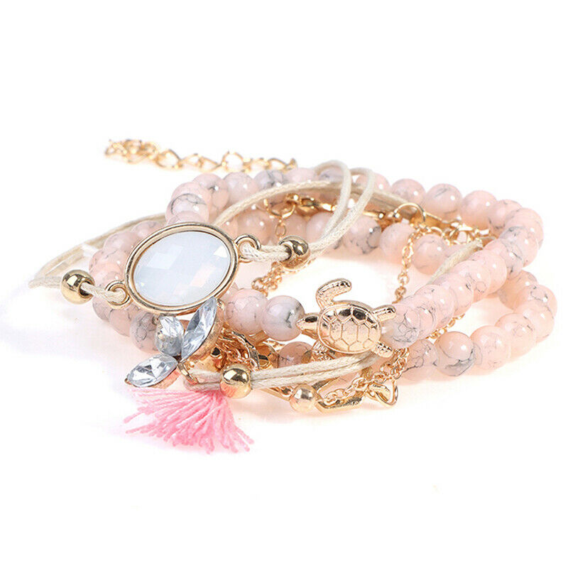 6Pcs/set Pink Bohemian Beads Bracelets Bangles Women Wrist Chain Bracelet.l8