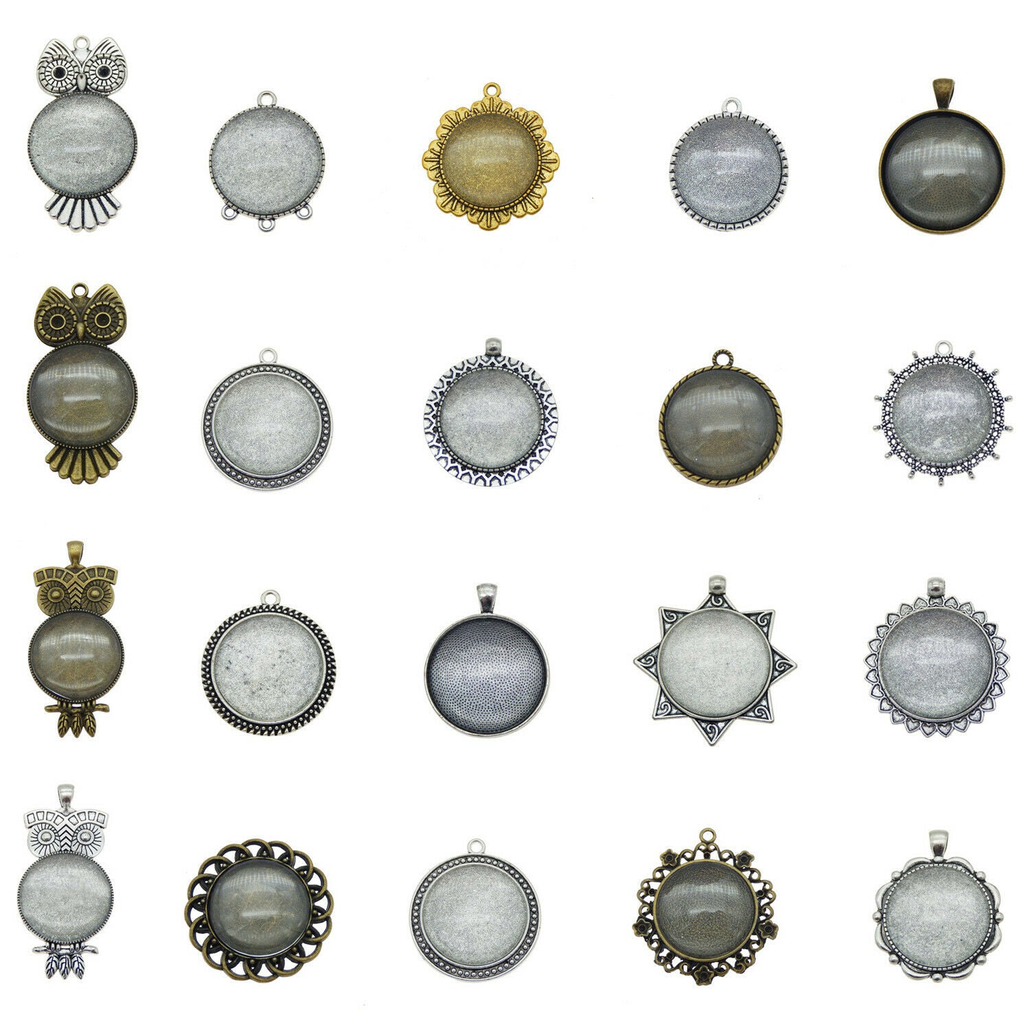 5 sets Metal Blanks with Round 30mm Clear Glass Cabochons Pendants Send Randomly